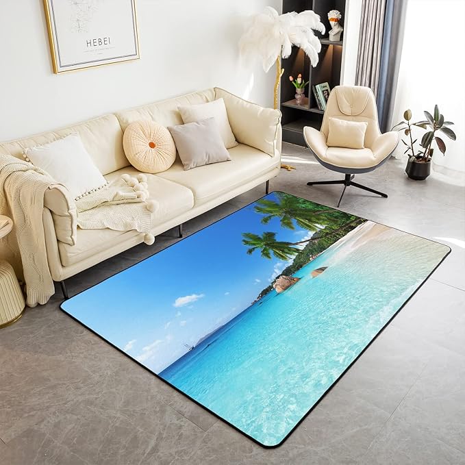 Ocean Area Rug 5x7, Palm Leaves Printd Rug, Summer Beach Hawaiian Vacation Style Non Slip Carpet, Green Palm Trees Tropical Nature Sea Theme Decorative Rug for Living Room