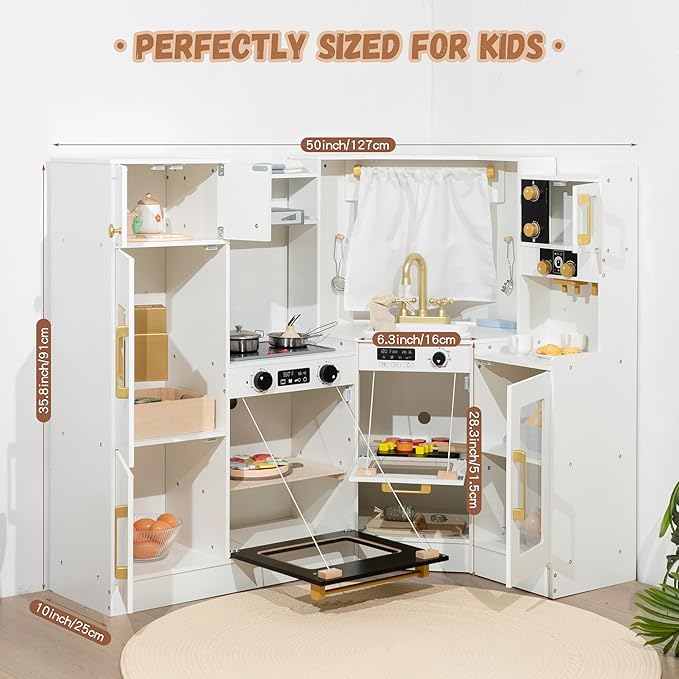 Interactive Wooden Toy Play Kitchen Playset for Kids – Realistic Lights & Sounds, Corner Design with 8 Accessories, Gift for Girls & Boys Ages 3+