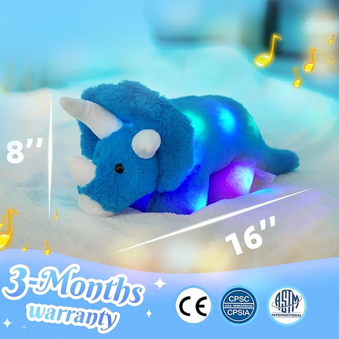 Glow Guards 16''Light up Musical Triceratops Dinosaur Stuffed Animal,Soft Singing LED Dinosaur Plush Toy with Magic Night Lights&Lullaby,Birthday Children's Day for Toddler Kids