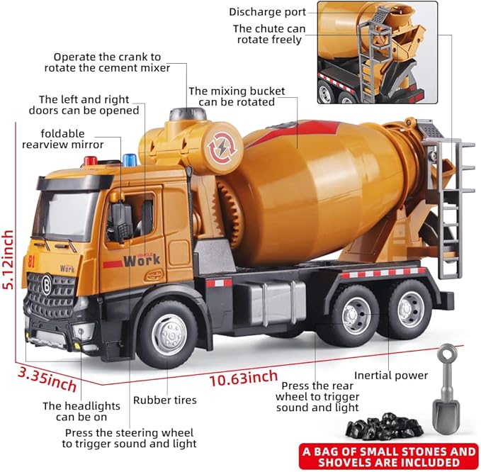 Metal Cement Mixer Truck Model with Simulated Sounds and Lights, Construction Truck Toy for Boys Ages 3 and Up