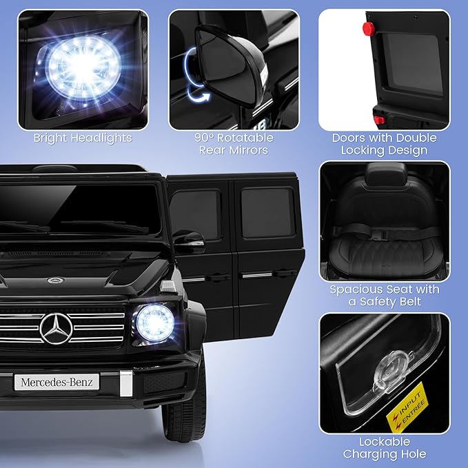 Costzon Ride on Car, Mercedes-Benz G500 Licensed Truck w/Rocking Mode, 3 Speeds, Remote, Horn, Music & LED Lights, Spring Suspension, 12V Battery Powered 4WD G Wagon Electric Vehicle for Kids (Black)