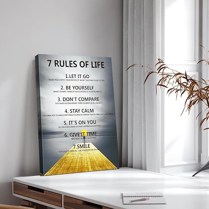 7 Rules of Life Motivational Wall Decor Inspirational Wall Art for Office & Home - Positive Quotes Canvas Prints Ready to Hang, Uplifting Wall Decor for Living Room, Bedroom or Office Wall Art