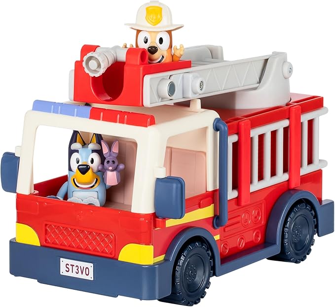 Bluey Firetruck Toy with Firefighter Bingo, Bob Bilby Figures | Extendable Ladder & Hose | Includes Stickers - Perfect for Kids Ages 3+