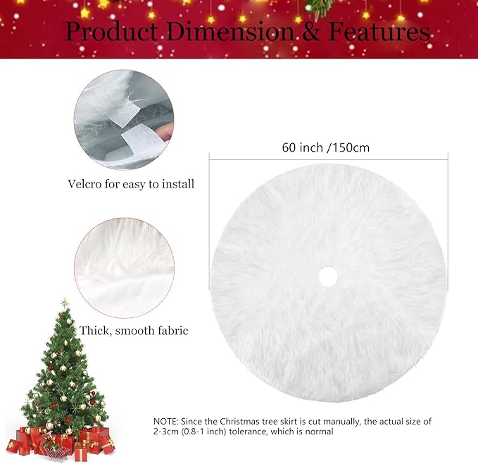 58 Inch Christmas Tree Skirt, Extra Large Thick Luxury Snowy Faux Fur Tree Skirt, White Plush Velvet for Merry Christmas Party Tree Decoration