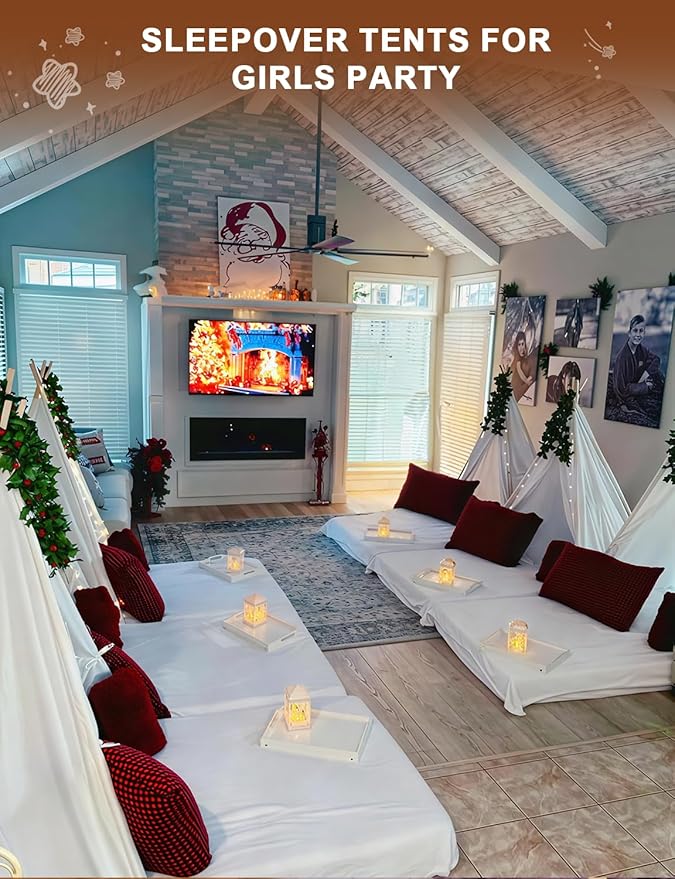 2 Pack Teepee Tent for Kids with Inflatable Airbed, Light, Indoor Toddler Sleepover Tents Children Room Tents for Slumber Party, Outdoor Kids Play Tent Play House for Girls & Boys