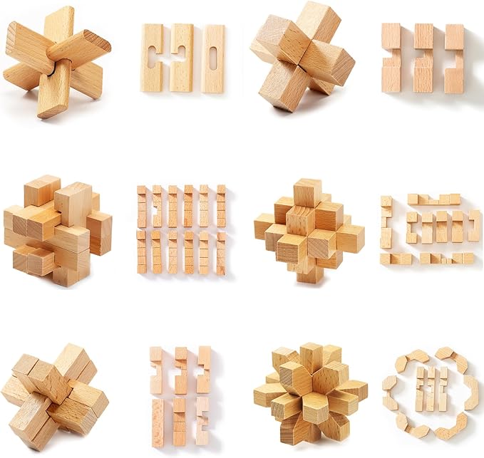 VolksRose 9pcs Wooden Brain Teaser Puzzles, IQ Challenge Puzzle Games, Logic Mind Puzzle Box Lock Toy Disentanglement 3D Small Brain Puzzle Gift Set for Adults Teenagers Kids, 1.8inch 4.5cm