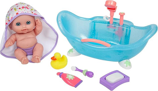 JC Toys Lil Cutesies 8.5" All Vinyl Doll and Real Working Bath Set | Posable and Washable | Removable Outfit | Bath with Play Accessories Ages 2+ , Blue