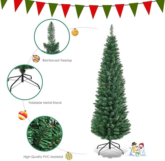 HAPPYGRILL 6FT Pencil Christmas Tree Slim Xmas Tree for Home Outdoor Decoration Unlit Artificial Christmas Tree with Foldable Metal Stand PVC Material
