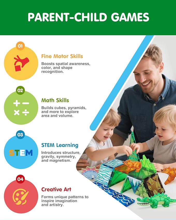 Magnetic Tiles Animals & Dinosaurs Toys, STEM Educational Building Blocks, Sensory Set 35 PCS for Toddlers Kids Ages 3-5 5-7, Boys Girls Birthday Gift Age 3+