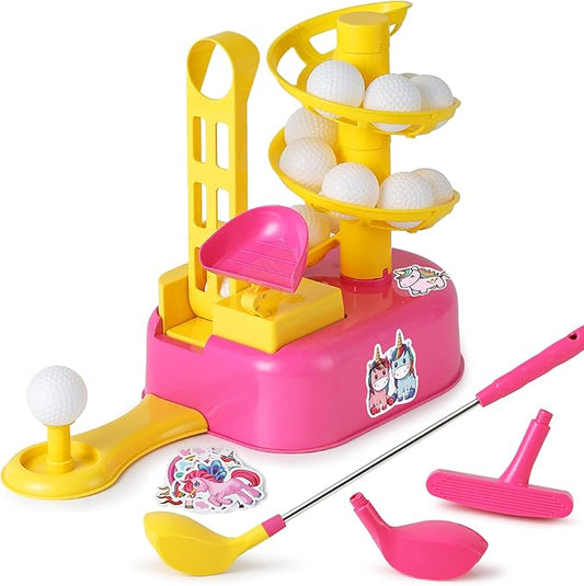 iPlay, iLearn Girls Pink Golf Toys Set W/Left & Right Club Head, Kids Outdoor Sport Toy Age 3-5, Toddler Indoor Golf Ball Game, Child Active Exercise Yard Play Birthday Gifts for 4 6 7 8 Year Olds Boy