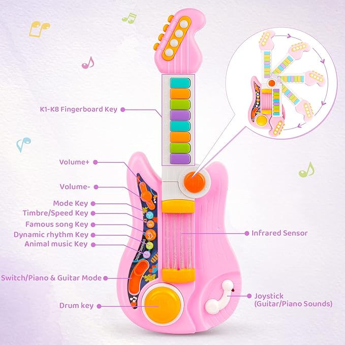 Kids Guitar 2 in 1 Musical Instruments for Kids Piano Toddler Toy Electric Guitars with Strap Music Toys for 3 4 5 Year Old Boys Girls Gifts (Pink)