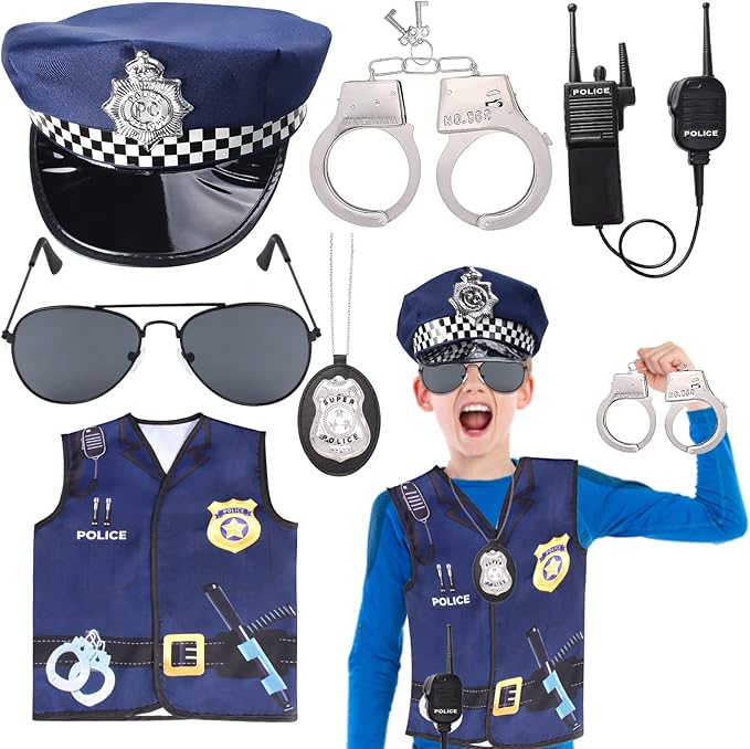 Kids Police Officer Costume Set 6 Pcs Including Cop Hat Vest Sunglasses Badge Walkie Talkie for Pretend Play Dress Up