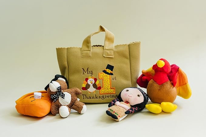 Genius Baby Toys My First Thanksgiving Toy with Plush Gobble Turkey, Teddy Bear, Little Pumpkin Pie, Indigenous Native American Girl - Cute Thanksgiving Toys for Babies Toddlers