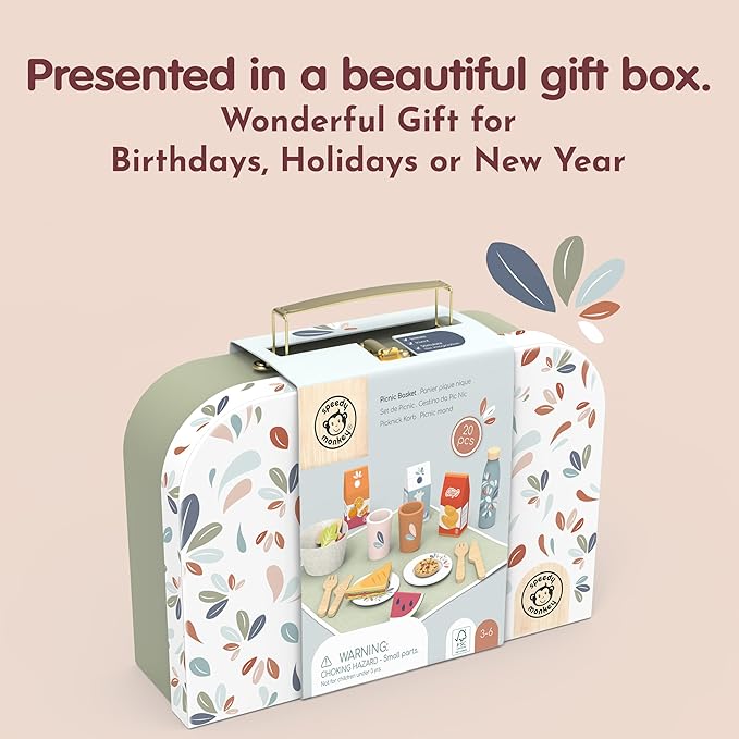 SPEEDY MONKEY Wooden Picnic Basket Playset – FSC Certified Pretend Play Food & Fruit Toy for Toddlers & Preschoolers, Outdoor Picnic Travel Adventure, Kitchen Role Play Set for Boys & Girls