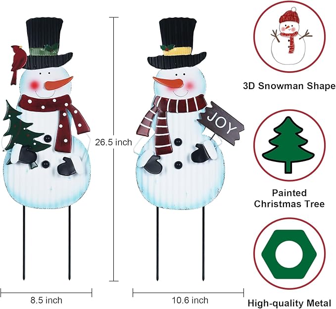 hogardeck Outdoor Christmas Decorations for Home, 2 Pcs Metal Snowman Decorative Garden Stakes with Joy for Christmas Decor, Yard Signs for Garden Home Lawn Patio