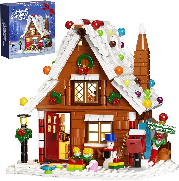 Christmas Gingerbread House Building Kit with LED Lights, Christmas Village House Blocks Set, Compatible with Lego, Xmas Decorative Gifts for Girls and Boys, Kids and Adults, Ages 6+
