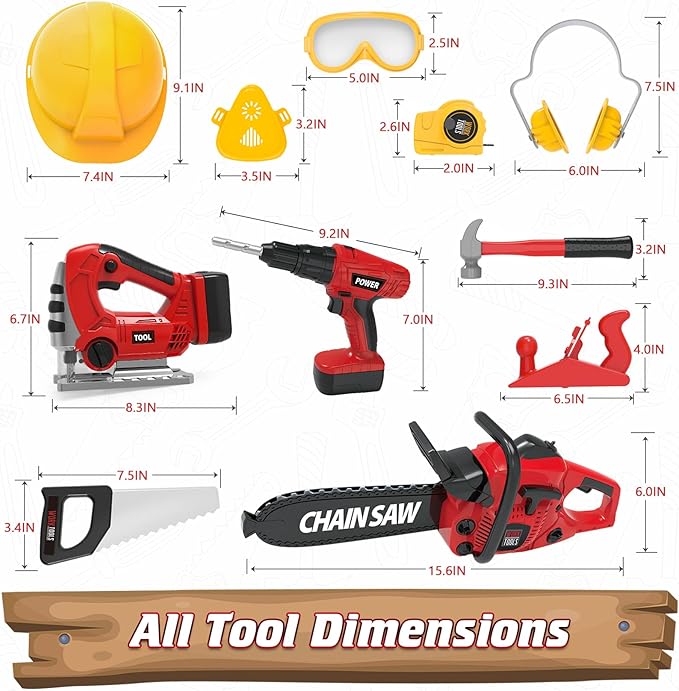 WishaLife Kids Tool Set - Toddler Tool Set with Toy Chainsaw, Drill, Pretend Play Construction Tools Toy Gift for Boys, Girls Age 3 4 5 6 7