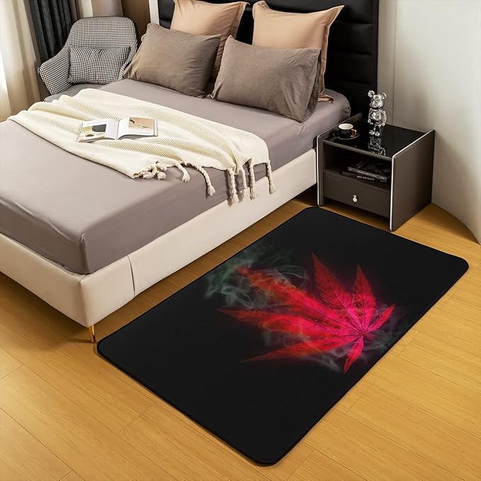 Marijuana Area Rug 3x5, Red Cannabis Leaf Printed Rug for Adult Women Teens Marijuana Weed Leaf Carpet, Exotic Leaves Rustic Boho Trippy Hippie Theme Non Shedding Decorative Rug for Bedside