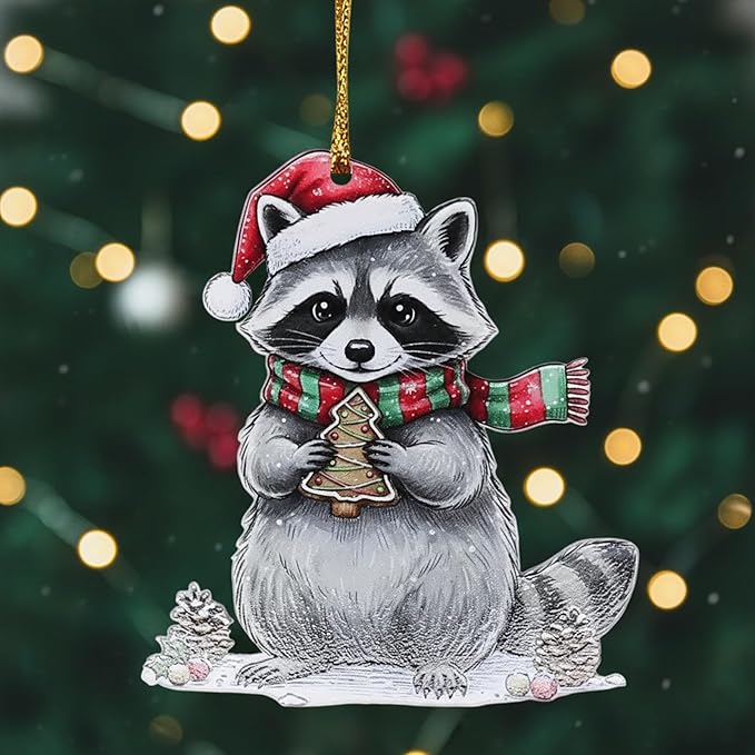 6 Pcs Acrylic Christmas Raccoon Ornaments for Christmas Tree Decor, Cute Raccoon Hanging Decorations for Family, Friends & Holiday Festivities
