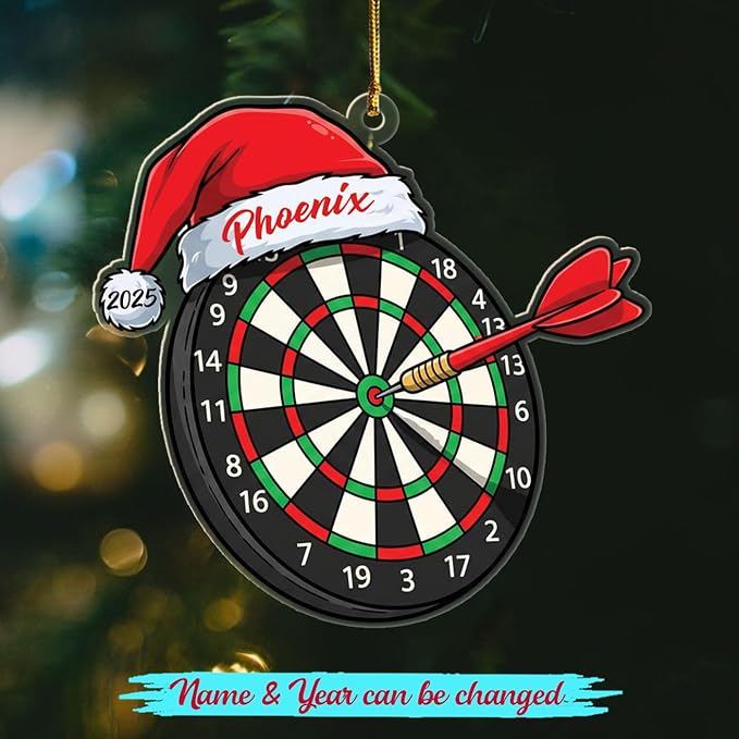Personalized Dart Board Santa Hat Shaped Xmas Ornament 2025, Dart Board Christmas Ornament Gift for Darts Lover Men Women Dad Mom Daughter Son, Custom Year Name Ornaments for Darts Fans Player Team