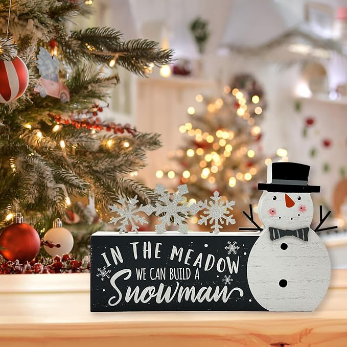 Christmas Decorations for Home Snowman Snowflake Block Farmhouse Merry Christmas Sign Wooden Rustic Tabletop Xmas Party Holiday Décor for Living Room, Dining Table