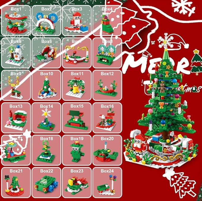Advent Calendar 2025 Christmas Tree Building Blocks Set, 24 Days Christmas Countdown Building Block Kit, 24 IN 1 Christmas Building Blocks Toy Gift for Teens Girls Boys Adults Ages 6+