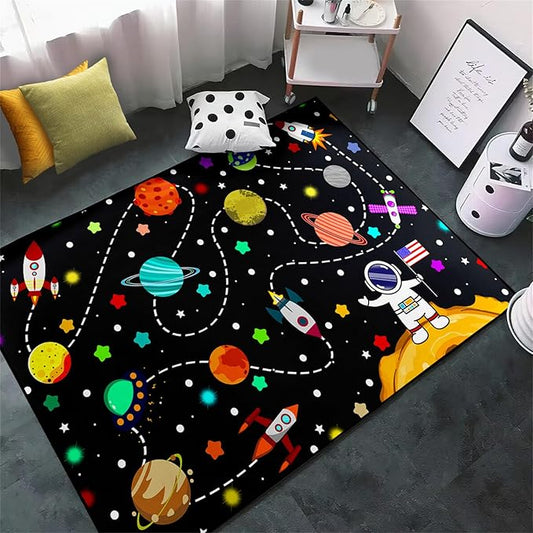 Outer Space Rug for Boys - Galaxy Carpet for Boys Room Cute Cartoon Universe Planet Area Rug Satellite Rockets Kids Baby Polyester Crystal Floor Mat Kids Play Carpet for Children Bedroom 47"L x 39"W