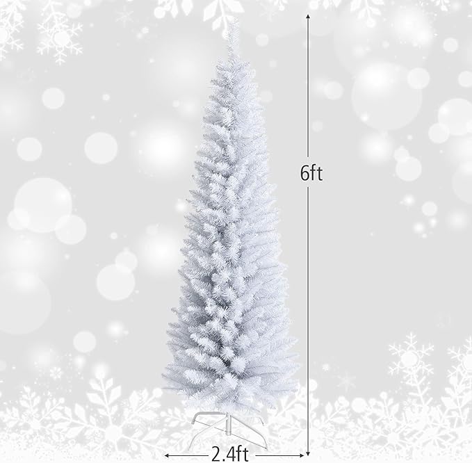 Happygrill 6FT White Pencil Christmas Tree Artificial Slim Christmas Tree Skinny Xmas Tree with Folding Metal Stand & PVC Material, Realistic Unlit Pine Tree with 340 Branch Tips for Indoor Outdoor