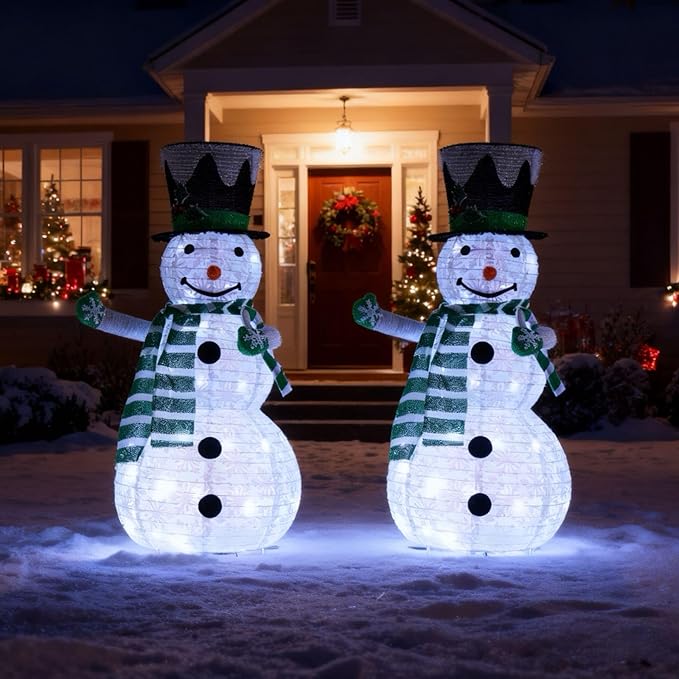 Snowman 3D Christmas Collapsible Decorations，Lighted Outdoor Xmas Large Snowman Garden Décor，Pre-Lit for Indoor/Outside Yard Holiday Decoration (Green)