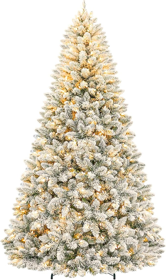 7.5 ft Snow Flocked Christmas Tree, Artificial Holiday Christmas Tree with 450 Warm White Lights, 1446 Frosted Tips, Metal Stand & Hinged Branches, Easy Assembly for Indoor Decorating