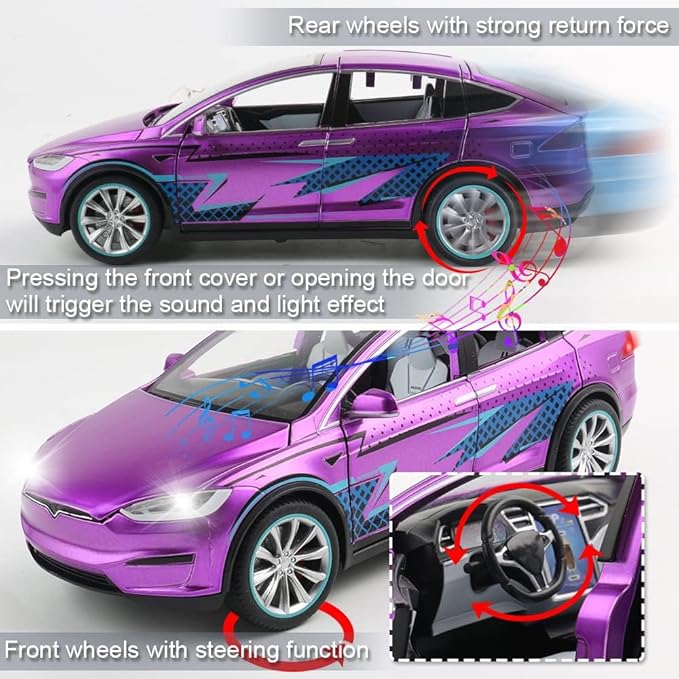 Zinc Alloy X Car Model,1:24 Scale Simulation Casting car Model Pull Back Diecast Toy Car, Mini Vehicles Toys with Lights and Music for Toddlers Kids Children Birthday Gift(Purple)