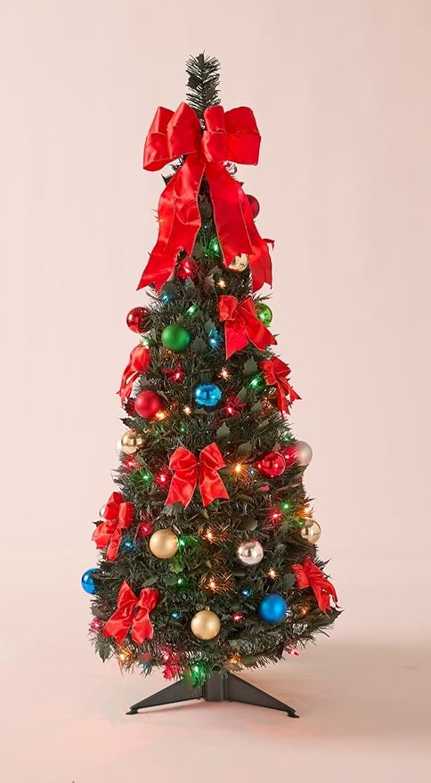 BrylaneHome 4.5 Ft Fully Decorated Pre-Lit Pop-Up Christmas Tree with 100 Warm Lights & Included Stand, Collapsible, Easy Assembly - Multi Color Lights