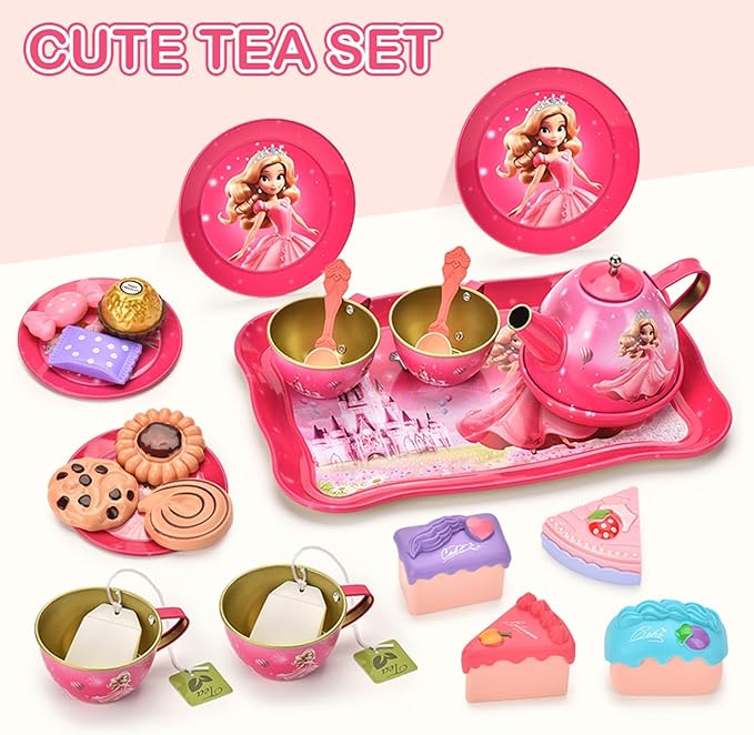 Tea Party Set for Little Girls, Pretend Tin Teapot Set, Princess Tea Time Play Kitchen Toy with Cups, Plates and Accessories for Birthday Easter Gifts Kids Toddlers Age 3 4 5 6