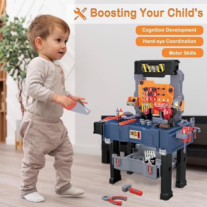 PIXATA Kids Tool Bench, Realistic and Electric Drill, Transformable Tool Set, Toddler Bench Pretend Play Learning Gift for Boys & Girls