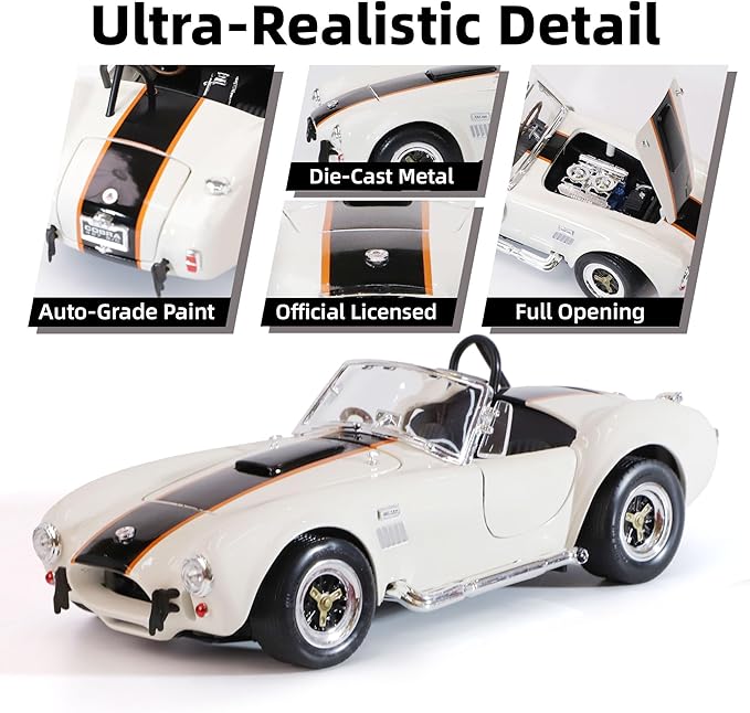 1964 Shelby Cobra 427S/C 1:18 Scale Diecast Model Premium Alloy Sports Cars with Display Case, Working Steering, Best Gift for Men, Dad & Kids 14+ Years Collector's Edition(White)