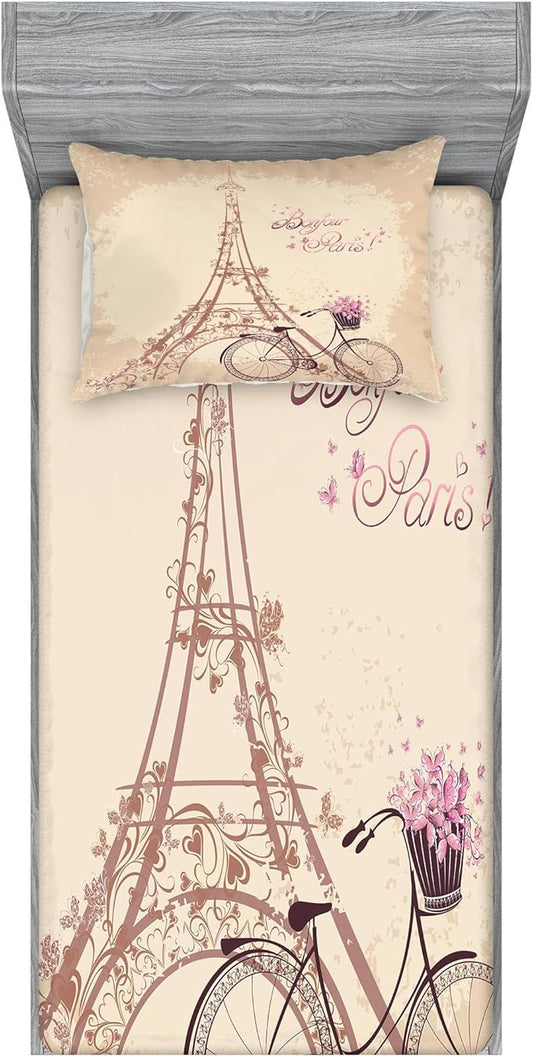 Ambesonne Paris Fitted Sheet & Pillow Sham Set, Eiffel Tower Floral Style Romantic Vintage Bike with Flowers Bonjour Paris Words Print, Decorative Printed 2 Piece Bedding Decor Set, Twinxl, Beige