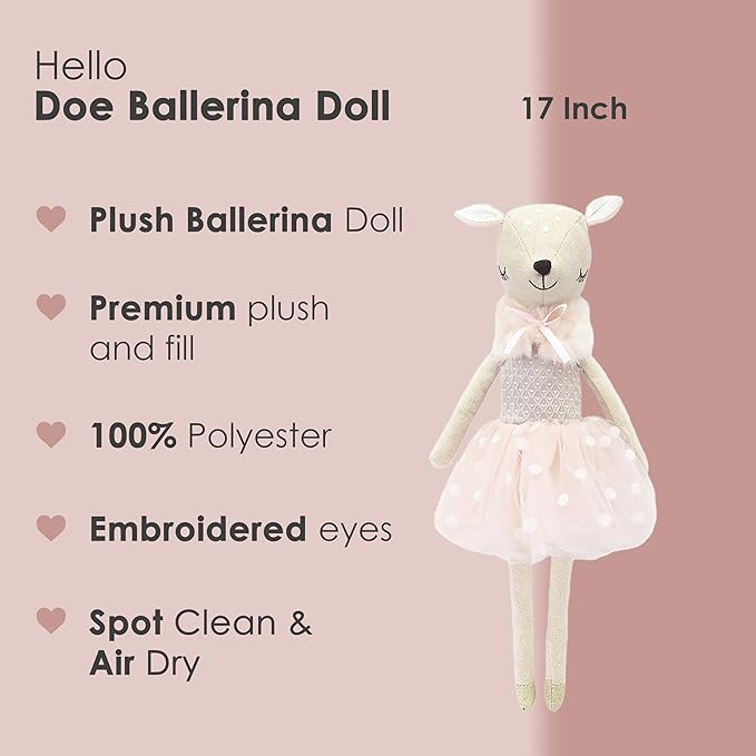 MON AMI Doe Ballerina Stuffed Doll – 17”, Designer Dress & Shawl, Plush Ballerina Doll for Girls, Use as Toy or Room Decor
