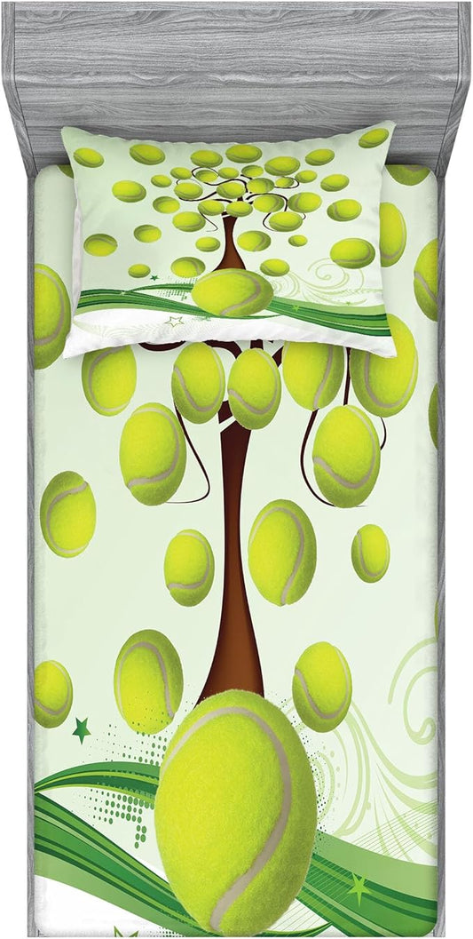 Ambesonne Tennis Fitted Sheet & Pillow Sham Set, Tennis Balls Pattern with Swirls Pattern Abstract Composition in Green, Decorative Printed 2 Piece Bedding Decor Set, Twinxl, Pale Green Brown White