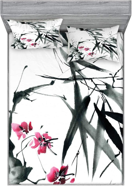 Ambesonne Japanese Fitted Sheet & Pillow Sham Set, Nature Concept Traditional Cherry Blossom Japanese Inspired Folk Print, Decorative Printed 2 Piece Bedding Decor Set, King, Dark Green and Fuchsia