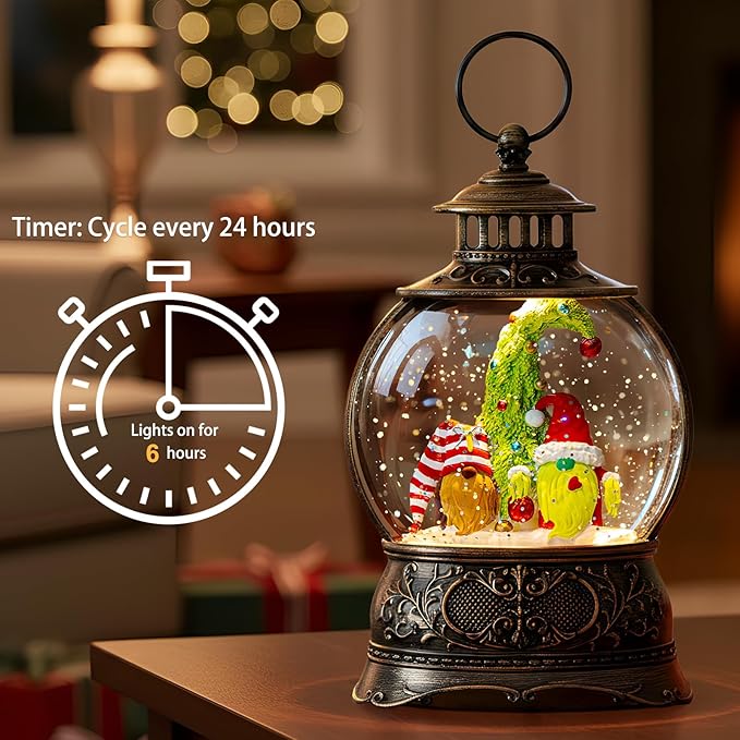 Christmas Snow Globes Christmas Water Lantern with Gnome Whimsical Christmas Tree, Music & 6H Timer, USB Lined/Battery Operated Lighted Lanterns for Xmas Festival Decoration Gifts