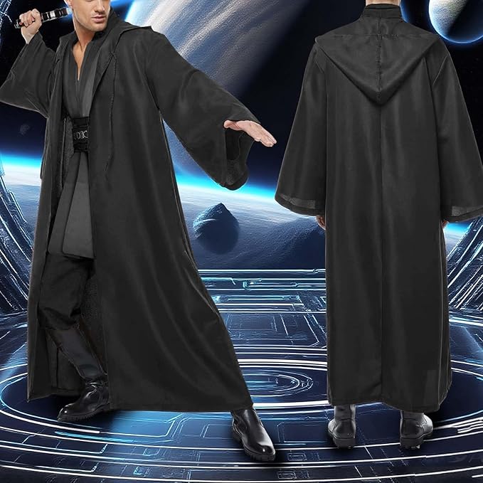 Men's Tunic Cosplay Costume with 2 PCS Light Up Saber Tunic Hooded Robe Full Set for Halloween Party