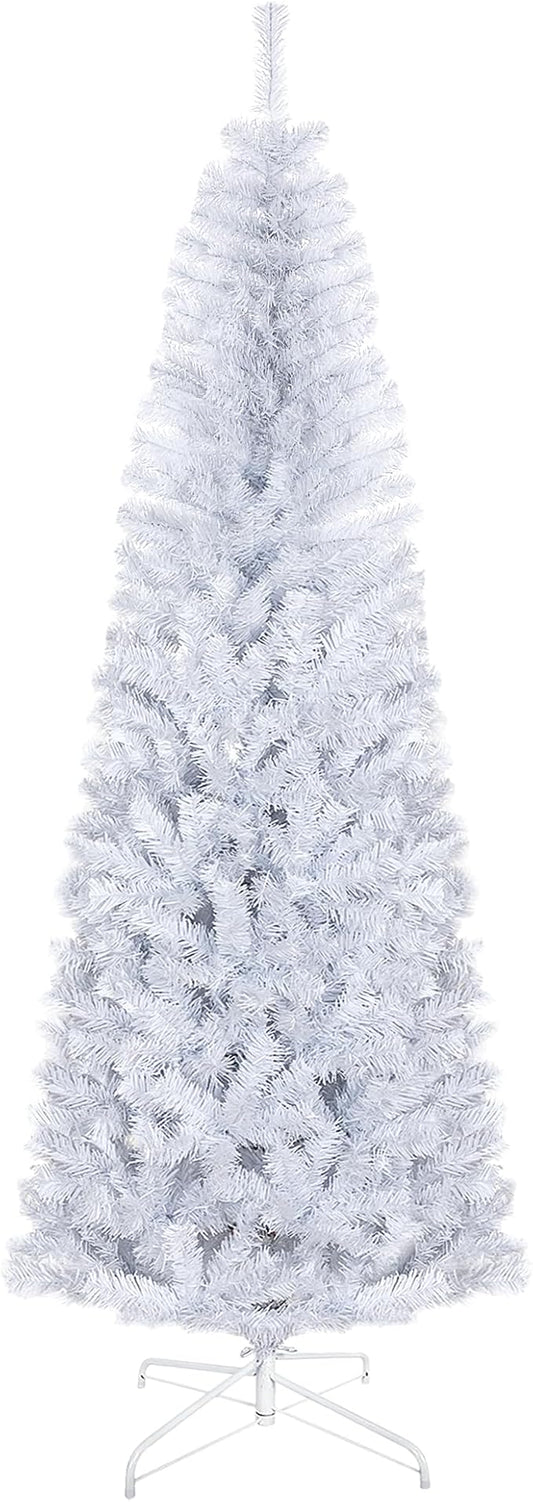 HOMCOM 7ft Pencil Christmas Tree, Unlit Artificial Christmas Tree Slim Douglas Fir Xmas Tree with Realistic Branches, Halloween Tree with 818 Tips, White