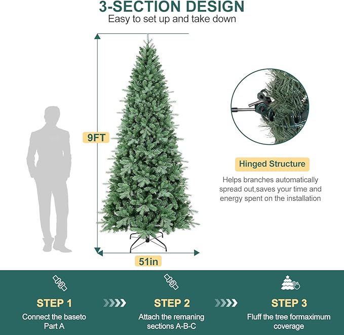 9 FT Artificial Skinny Christmas Tree,Unlit Blue Spruce Slim Pencil Xmas Tree with 2545 PE&PVC Mixed Branch Tips,Hinged Pine Tree with Metal Stand for Home Office Décor