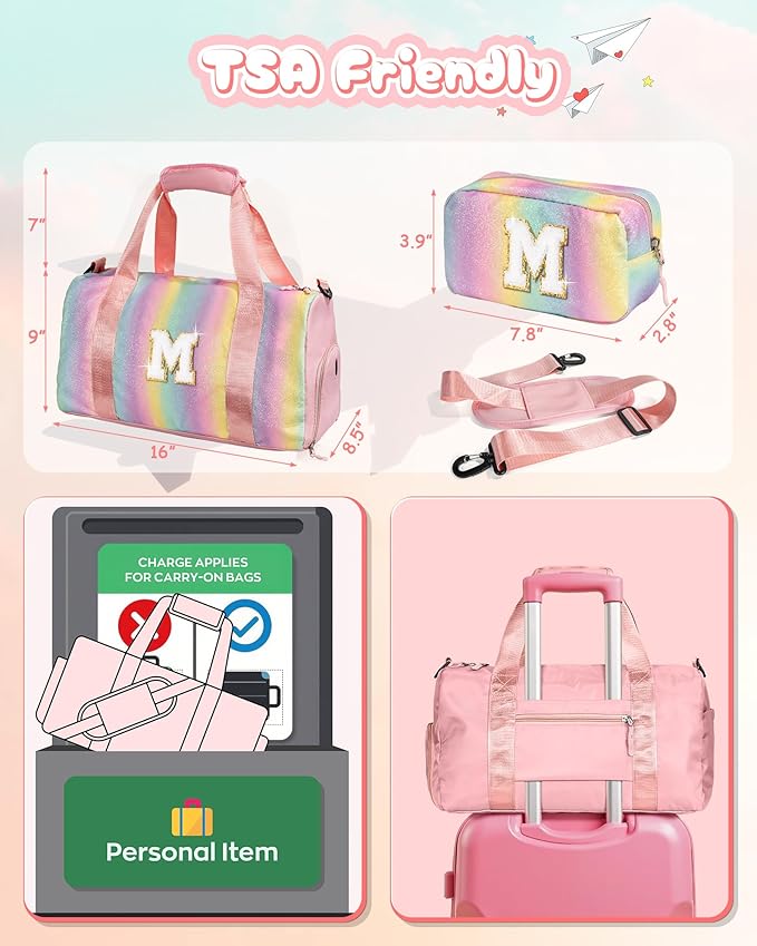 Christmas Gifts for Girls-Girl Gym Bag with Shoe Compartment, Kid Personalized Weekender Overnight Bags, Initial Travel Tote with Makeup Pouch, Gift for 3 4 5 6 7 Year Old Kids (Letter T)