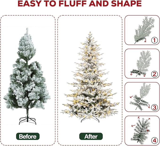 Hykolity 6ft Prelit Snow Flocked Aspen Fir Christmas Tree with 330 Clear LED Lights, Realistic 797 PE PVC Branch Tips, Foldable Metal Stand and Premium Hinged Branches