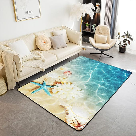 Ocean Area Rugs 5x7, Beach Rug, Coastal Nature Theme Teal Carpet, Boys Girls Hawaiian Sea Wave Animals Shell Starfish Washable Accent Rug for Bedroom, Blue