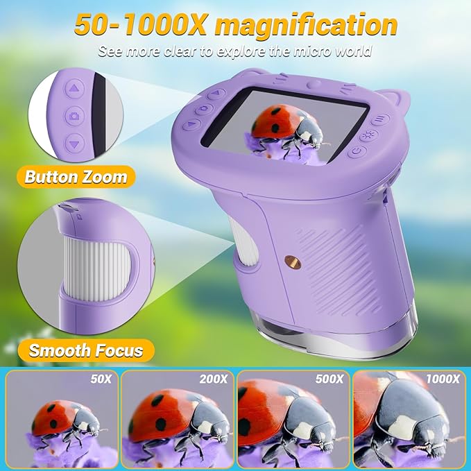 2.4" Screen Pocket Kids Microscope: 1000X Handheld Microscope for Photo and Video - Portable Science Kits STEM Toys – Christmas/Birthday Gifts for Girls & Boys Ages 3-12(Purple)