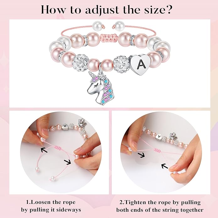 Hidepoo Christmas Gifts for Grandkids Girls - CZ Initial Unicorn Bracelet Adjustable Pink Pearl and Rhinestone Balls Heart Initial Unicorn Bracelets Jewelry Birthday Gifts for Girls Stocking Stuffers