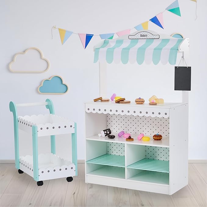 Teamson Kids My Dream Bakery Shop Dessert Stand and Rolling Pastry Cart Interactive Wooden Play Set with 18 Pretend Baked Goods, White and Mint Green with Gray Polka Dot Accents