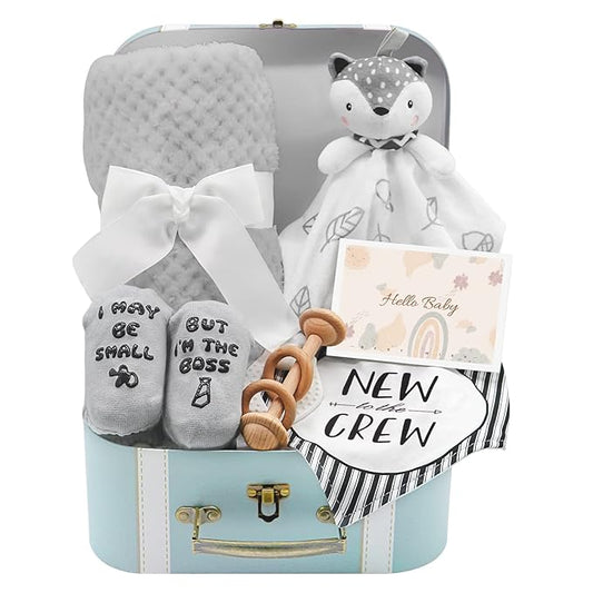 Baby Gift Set, Baby Shower Gifts Basket Newborn Blanket Baby Lovey Security Blanket, Funny Baby Bibs Socks & Greeting Card - Baby Gift Basket Newborn Shower Basket for Boys